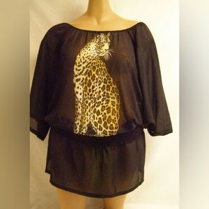 NWT S to XL 1x 3x black Georgette blouson top cheetah girl 2067e-leo